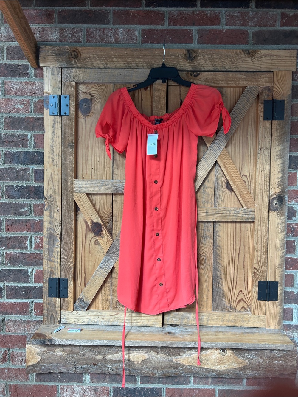 Rue21 Coral Off-Shoulder Button Front, Tie-back Mini dress w/tie sleeves, M, NWT